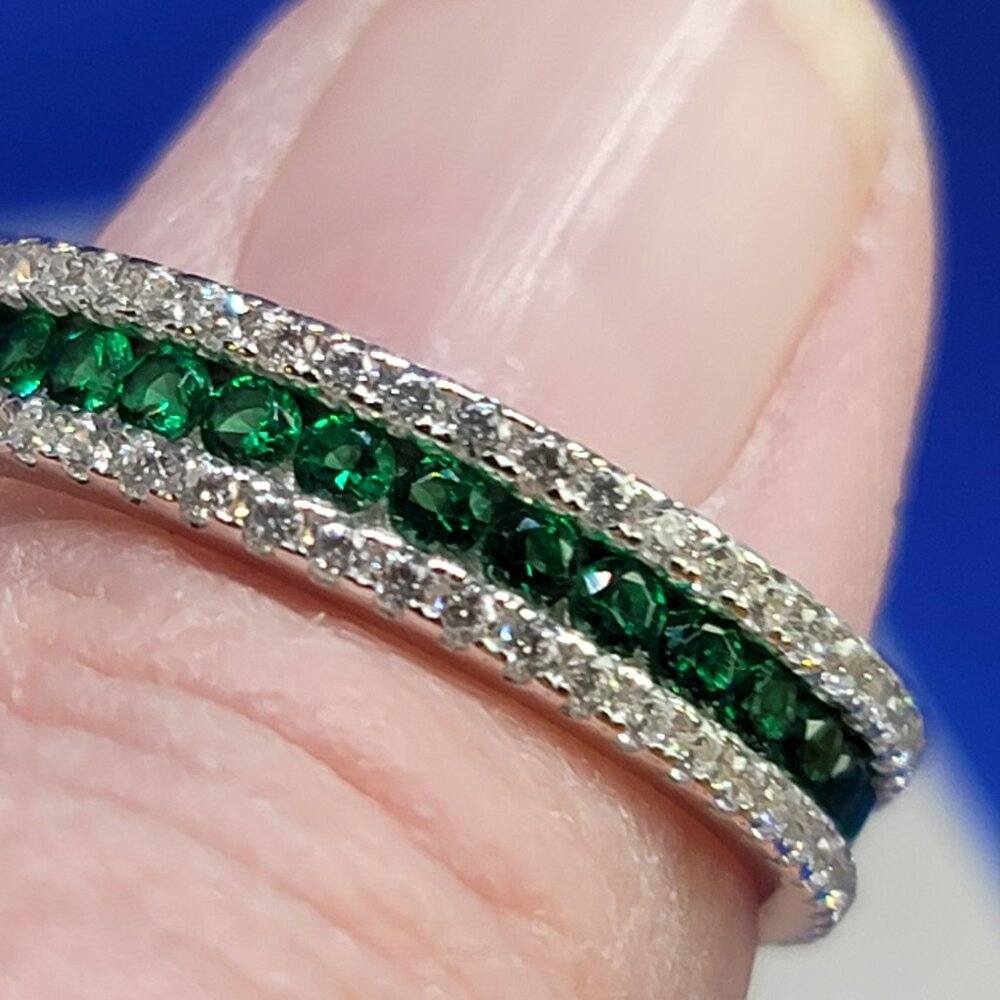Sterling Silver Band 3 rows Green and White Cubic Zirconia